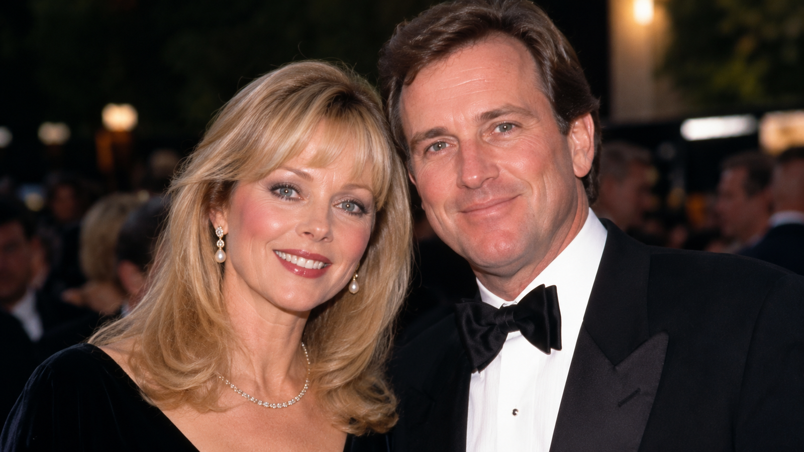 Shelley Long and Bruce Tyson posing together at a formal evening event.