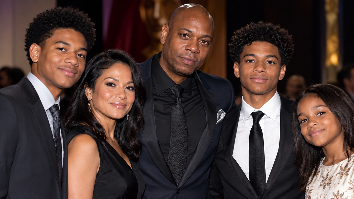 Dave Chappelle posing with his wife and three children at a formal event.