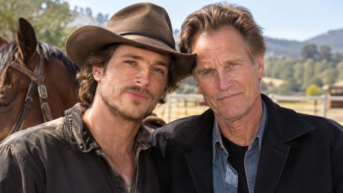 Two men posing together at a ranch with a horse in the background.